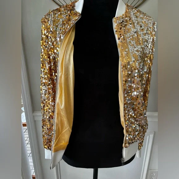 Womens Long Sleeve Sequin Zipper Jacket with Ribbed Cuffs - Picture 6 of 13